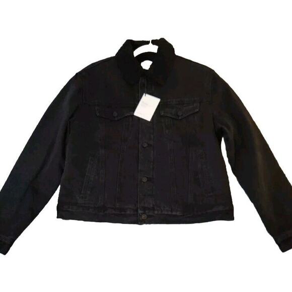 Kancan Estilo Denim Jacket Black‎ Sherpa Lining Women's Size Medium Warm NWT - Picture 1 of 7